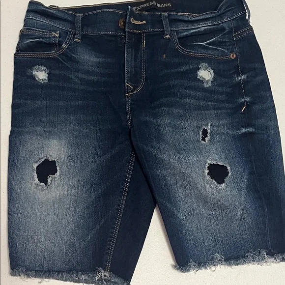 Express Blue Ripped Denim Shorts - Picture 1 of 8
